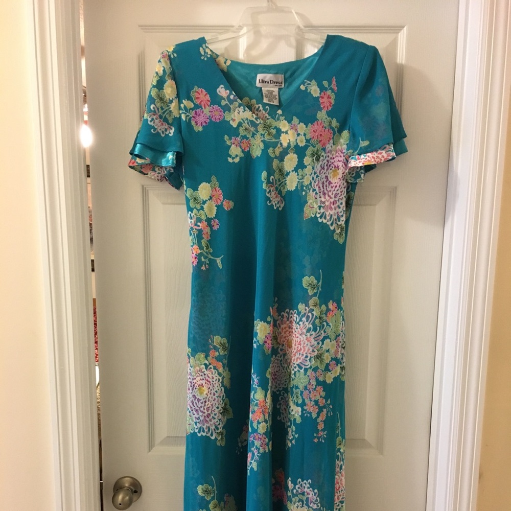 Tea-length teal w/multicolored flowers dress